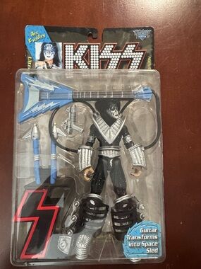 NIB KISS Ace Frehley Action Figure - Black & Silver Outfit with Blue Guitar